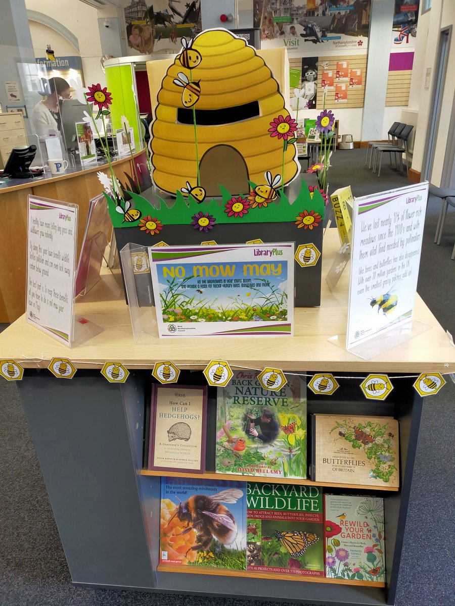 Library_Plus's tweet photo. Find out more about #NoNowMay at #Northampton Central Library. Discover the benefits of liberating your lawn this month and borrow a book from the wildlife and nature display. 🥀🐝🐞 https://t.co/D15tm8Hg6K