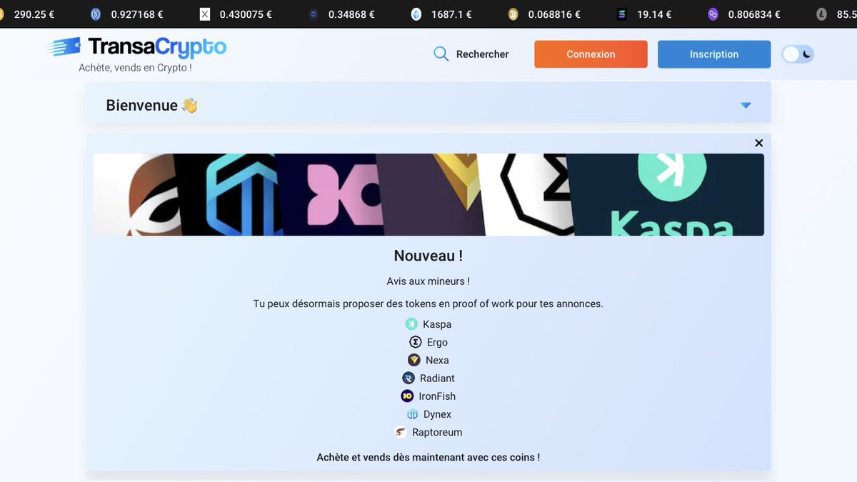 Nouveau sur Transacrypto.com !

Avis aux mineurs !
Tu peux désormais proposer des tokens en proof of work pour tes annonces.

Kaspa, Ergo, Nexa, Radiant, IronFish, Dynex, Raptoreum

« Achète, vends en Crypto ! » 🚀 
La marketplace française de petites annonces en crypto.