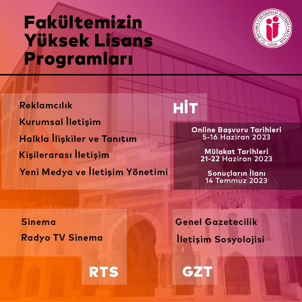 "Halkla İlişkiler ve Tanıtım", "Gazetecilik" ve "Radyo Televizyon ve Sinema" bölümlerimizin 9 Tezli Yüksek Lisans Programı, zengin akademik kadrosuyla hem sektör hem akademi için iletişim uzmanları yetiştiriyor.

Program Bilgileri İçin 👇🏻
iletisim.istanbul.edu.tr/tr/haber/ileti…