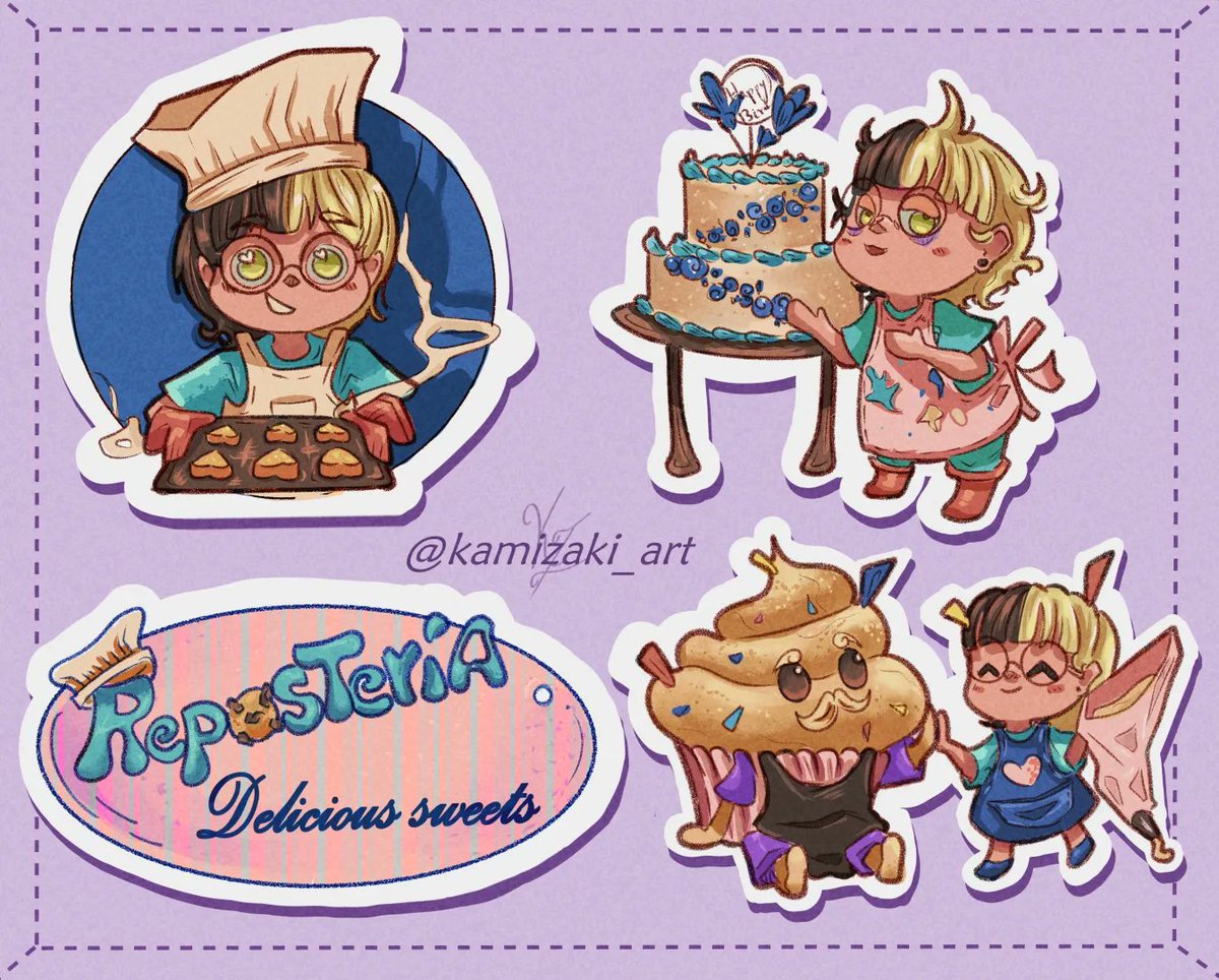 kamizakiart's tweet image. Estoy haciendo stickers personalizados a 5€ cada uno.
 (No incluye la impresión,solo diseño)
Aquí les dejo un ejemplo de stickers para una 🧁🍰👩‍🍳.

#stickercollection #sticker #stickerpersonalizado #reposteria #cute #art #pastel
