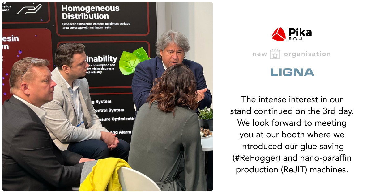 PikaRetech's tweet photo. The intense interest in our stand continued on the 3rd day. We look forward to meeting you at our booth where we introduced our glue saving (#ReFogger) and nano-paraffin production (ReJIT) machines. Our address: 📍Hall 26, D 09

#LIGNA2023 #PikaRetech #WoodBasedPanel #EcoFriendly https://t.co/tlGC1IpOEa