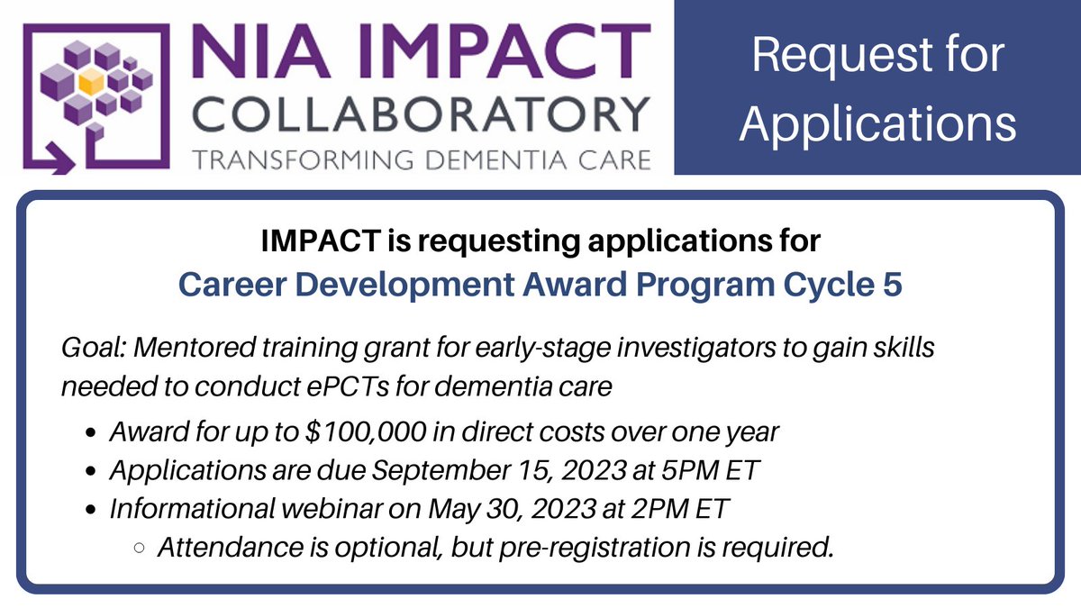 📣 We just launched the RFA for Cycle 5 of our Career Development Award Program! This #fundingopportunity is great for early-career researchers who want to learn more about conducting #ePCTs for #PLWD & their care partners. Learn more and apply now at: bit.ly/3y8GgSn