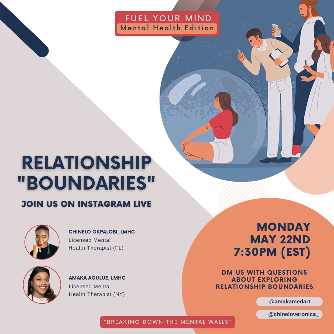 ChiChiVeronica_'s tweet photo. 🔥Fuel Your Mind🔥
Mental Health Edition
   5 . 22. 2023 [ NEXT MONDAY]
 
Episode 4: Relationship Boundaries 
 
How do you set healthy relationship boundaries? 

What are unhealthy boundaries? 

What boundaries do you need? 
Let’s discuss the 7 types of boundaries… https://t.co/UkMPmHlVrI