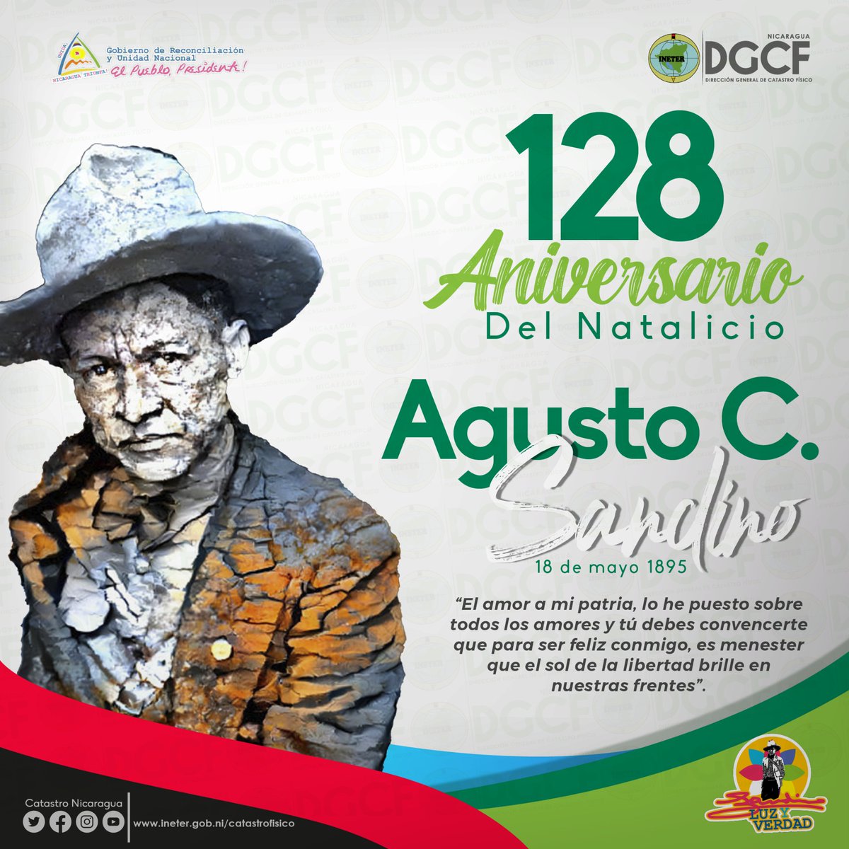 CatastroNi's tweet photo. #Nicaragua 🇳🇮 | ¡Honor y Gloria! a nuestro General de Hombres y Mujeres libres, Augusto C. Sandino, en el 128 Aniversario de su natalicio. Su legado y ejemplo sigue llenando nuestros caminos de Luz y Verdad. #SandinoLuzYVerdad #CatastroNicaragua https://t.co/ZjobGGcOjY