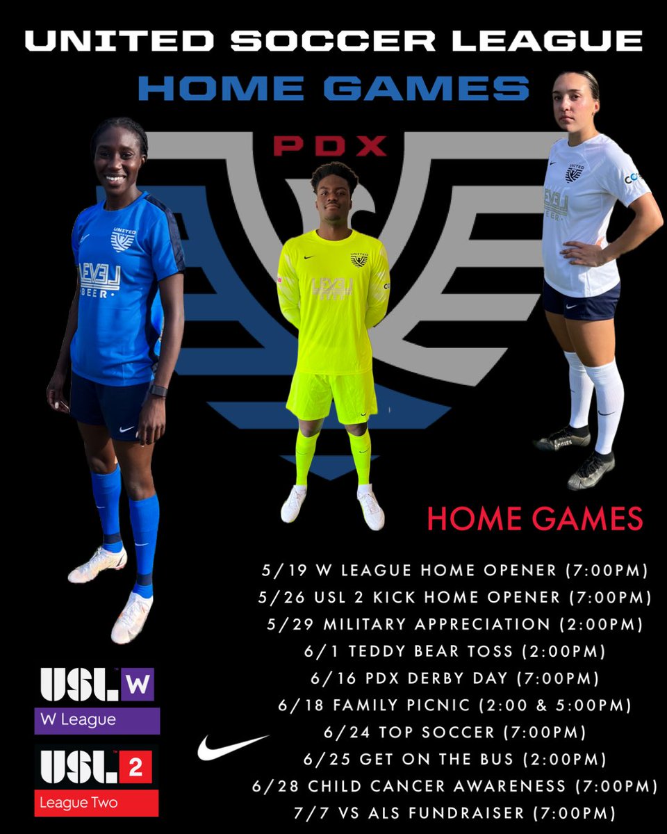 🚨USL 2 & W League Announcements🚨

Women’s Inaugural Kickoff this FRIDAY (5/19) at Westside Christian 7:00PM @uslwleague #ForTheW

Men’s Inaugural Kickoff the following Friday (5/26) at Oregon Episcopal School 7:00PM @uslleaguetwo #Path2Pro

#WeAreUnited #UnitedIsTheFuture