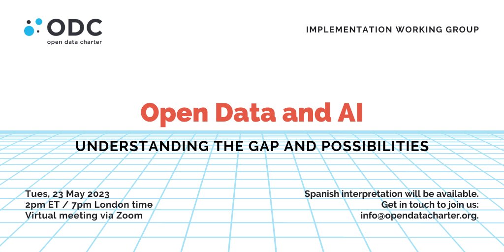 ⏰ Join our IWG next week! We'll discuss #opendata and AI with guests: 

🔹Stefaan Verhulst, <a href="/TheGovLab/">The GovLab</a> 
🔹Gloria J. Guerrero, <a href="/ildalatam/">ILDA</a> 
🔹Nicolas Grossman, <a href="/GlobalIndexRAI/">Global Index on Responsible AI</a> 

🗓️Tues, May 23, 2023 at  2:30 PM ET / 7pm LDN Virtual session, please DM us if you’d like to join.