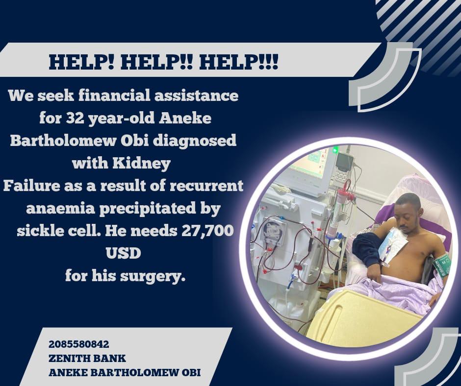 Our dear friend, Aneke, is fighting kidney failure due to anaemia complications and needs your help to undergo a life-saving surgery. Every donation, big or small, makes a difference. 2085580842 Zenith Bank Aneke Bartholomew Obi. 🙏 #HelpAneke #KidneySurgery #DonateNow