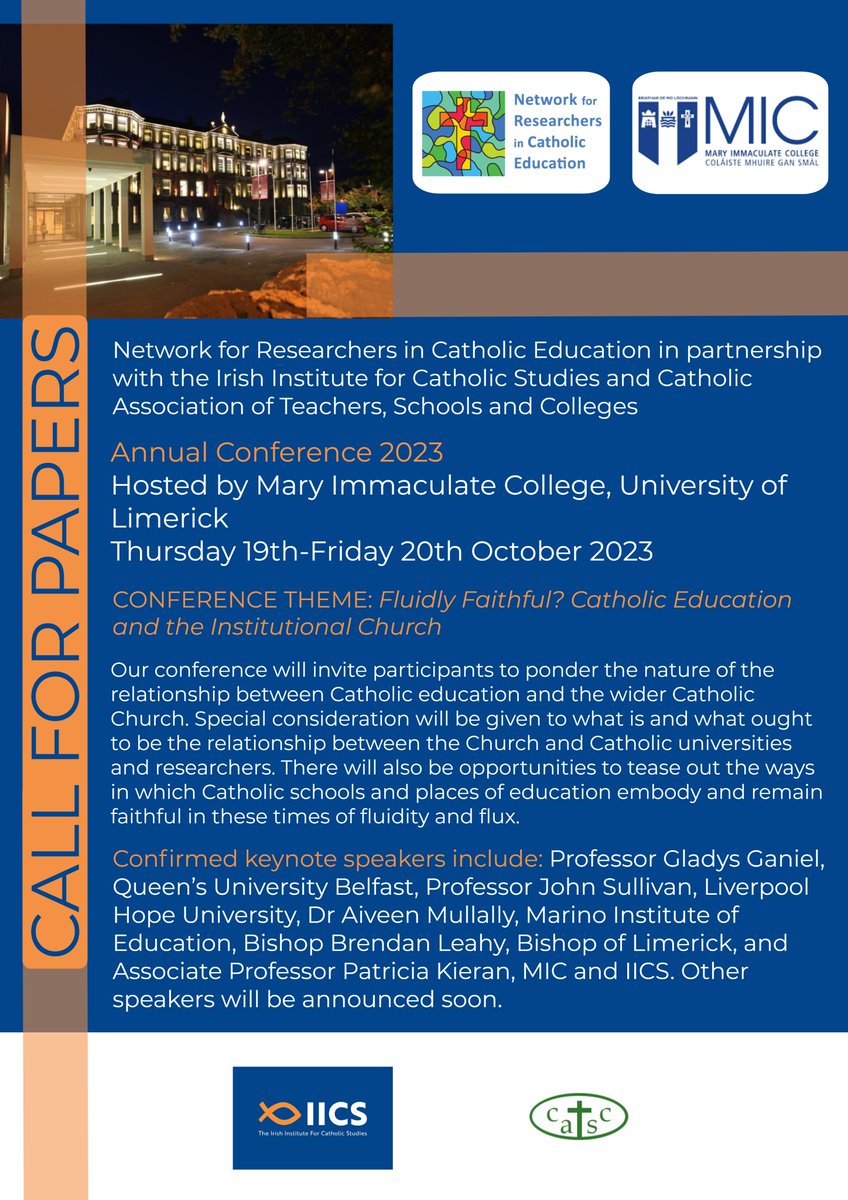 Irish Institute for Catholic Studies (@_iics_) on Twitter photo NfRCE Annual 2023 Conference hosted by <a href="/MICLimerick/">Mary Immaculate College (MIC)</a> call for papers extended to July 1st! Please circulate! We cannot wait to see your submissions and welcome you to Limerick this October. NfRCE Annual 2023 Conference hosted by <a href="/MICLimerick/">Mary Immaculate College (MIC)</a> call for papers extended to July 1st! Please circulate! We cannot wait to see your submissions and welcome you to Limerick this October.