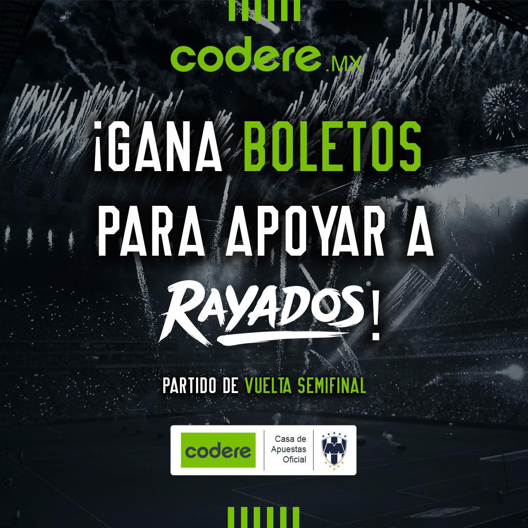 🚨¡BOLETO DOBLE! ¡BOLETO DOBLE!🚨

<a href="/CodereMX/">Codere.mx</a> y un servidor te llevamos a la SEMIFINAL DE VUELTA del Clásico Regiomontano👇🏻

* Seguir a <a href="/CodereMX/">Codere.mx</a> y a mi
* RT a este tweet
* Menciona a un amigo
* Usa el #CodereEsRayado y #TodoMonterrey 

¡Y YA PARTICIPAS! ¡ÉXITO!