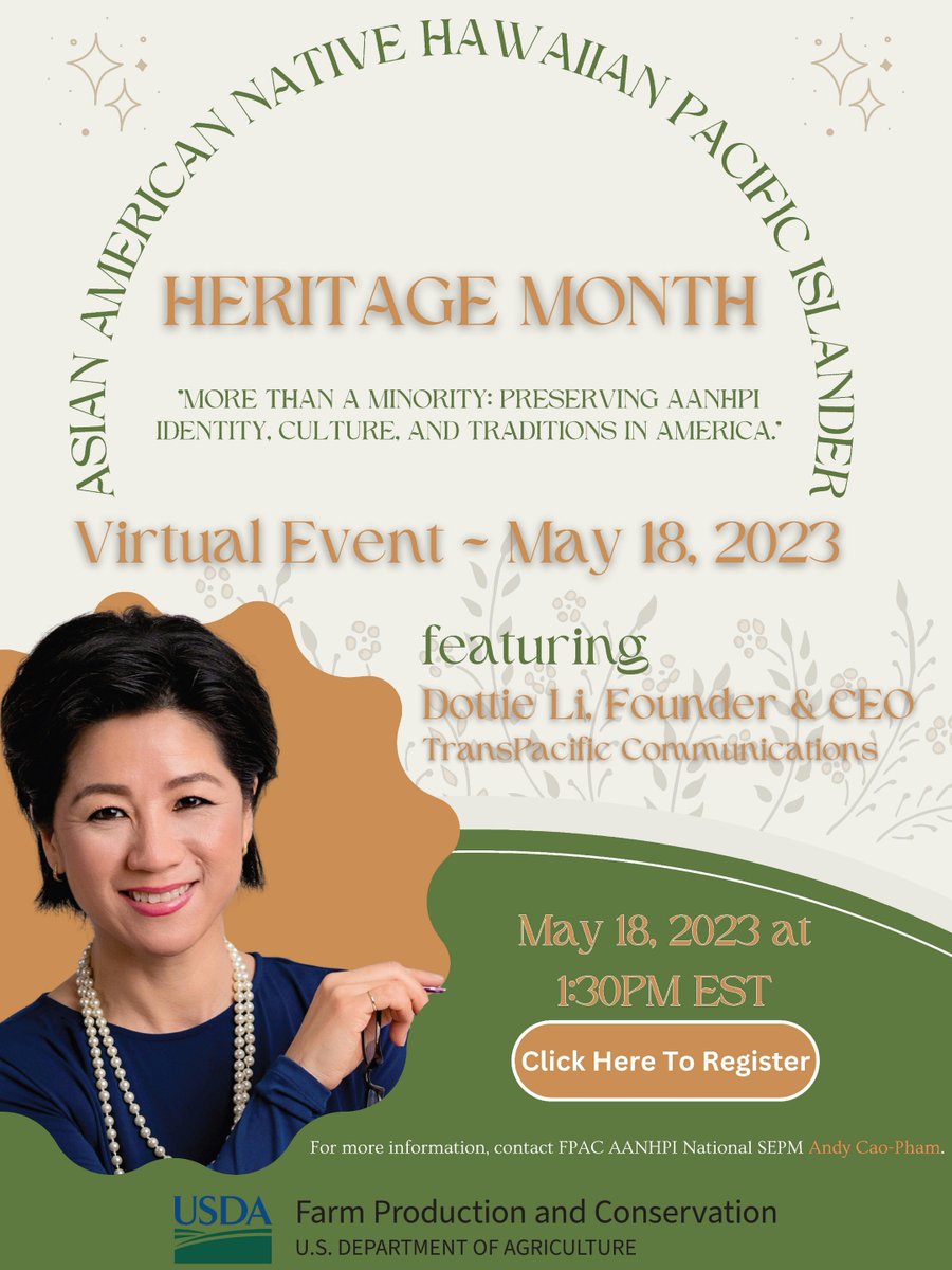 Mandarin_Voice's tweet image. Thrilled to return to @USDA Farm Production and Conservation (FPAC) virtually to deliver a keynote to celebrate #AANHPI Heritage Month today. 

#USDA
#FPAC
#AANHPIHM
#CrossCulturalCommunication
#AsianAmericanSpeaker
#KeynoteSpeakerDottieLi