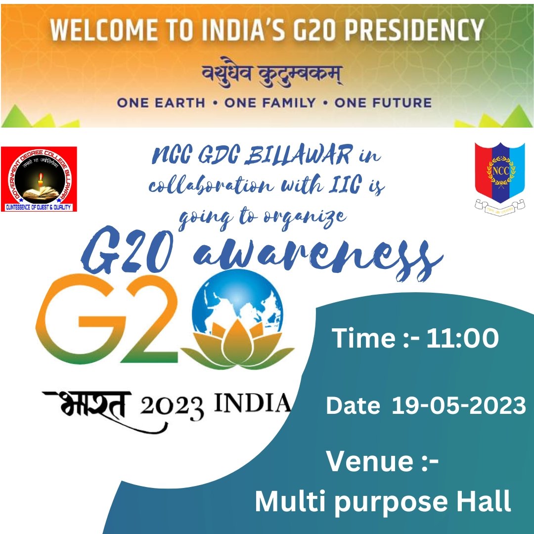 nccgdcb's tweet photo. NCC GDC BILLAWAR  is going to organize a G20  awareness.।।। 
ONE EARTH 
ONE FAMILY 
ONE FUTURE
@DteJKL
@HQ_DG_NCC 
@NCC_alumni_assn https://t.co/mzVcrhcAxI