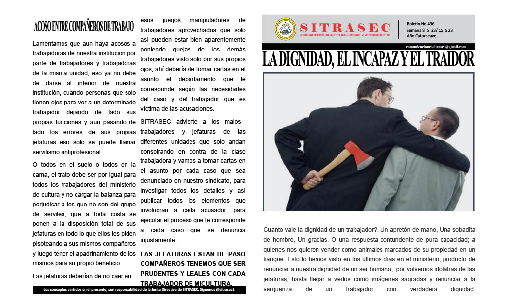 SITRASEC1's tweet photo. #BoletínInformativo || Compartimos nuestro boletín N° 496.
✅️ Denuncias sobre la ineficiente gestión de directores: nacional y general, en el mal manejo de conflictos laborales al interior del Ministerio de Cultura.
#sitrasec
@ComunicacionSV @Meganoticias19 @EDHNoticias https://t.co/YPQ6I3LMWz