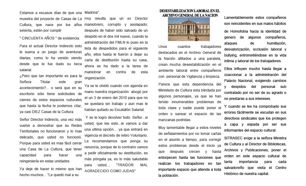 SITRASEC1's tweet photo. #BoletínInformativo || Compartimos nuestro boletín N° 496.
✅️ Denuncias sobre la ineficiente gestión de directores: nacional y general, en el mal manejo de conflictos laborales al interior del Ministerio de Cultura.
#sitrasec
@ComunicacionSV @Meganoticias19 @EDHNoticias https://t.co/YPQ6I3LMWz