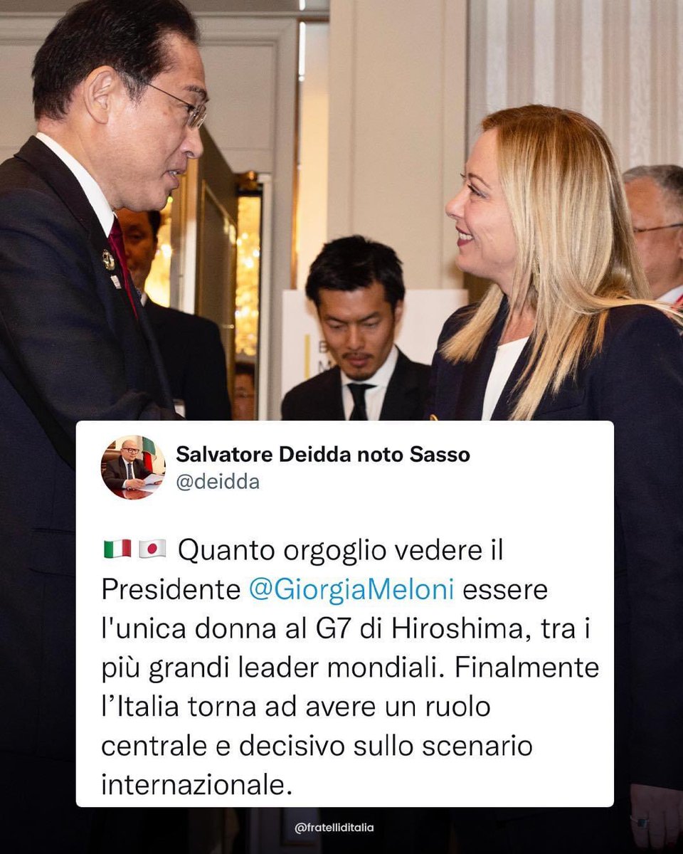 🔵 Orgogliosi che il nostro Presidente @GiorgiaMeloni rappresenti l'Italia nel mondo.