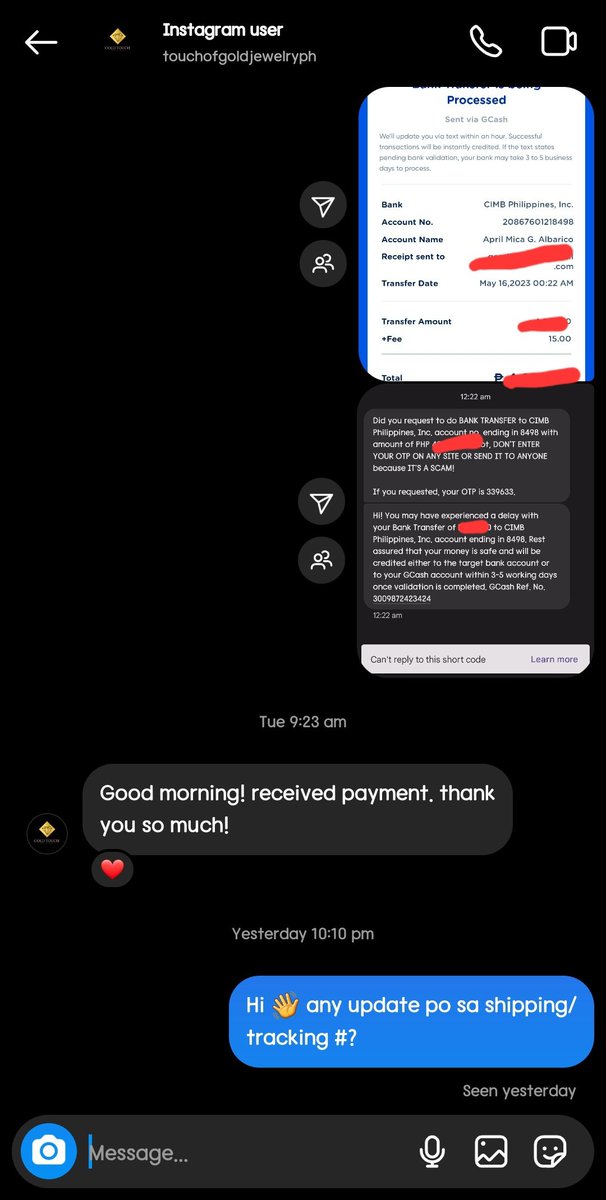 xxillereg's tweet photo. First time ever na-scam online ng isang IG seller 😔 may kutob n ako eh pero na scam pa rin haha lesson learned 😑 pahelp naman report ng account na 'to sa IG 🙏 touchofgoldjewelryph 

#scammer
#scammerphillippines
#IGseller
#instagramscammer https://t.co/AVBT1yMCZ2