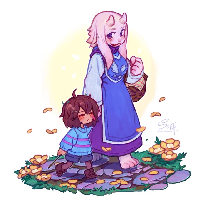 I wanted to draw something simple and cute. Ruins, Frisk and Toriel. Well, I really like them.