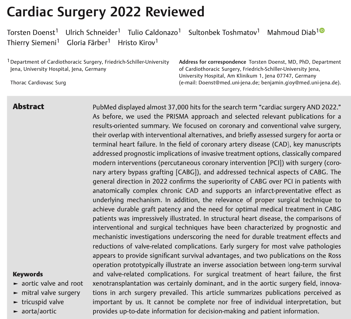 🔥Hot off the press🔥
We summarized all available evidence on the cardiac surgery field provided in 2022. 
Check out the new contributions about the treatment of coronary artery disease, aortic surgery, valve disease and terminal HF. 
See more: bit.ly/3pQiR6r