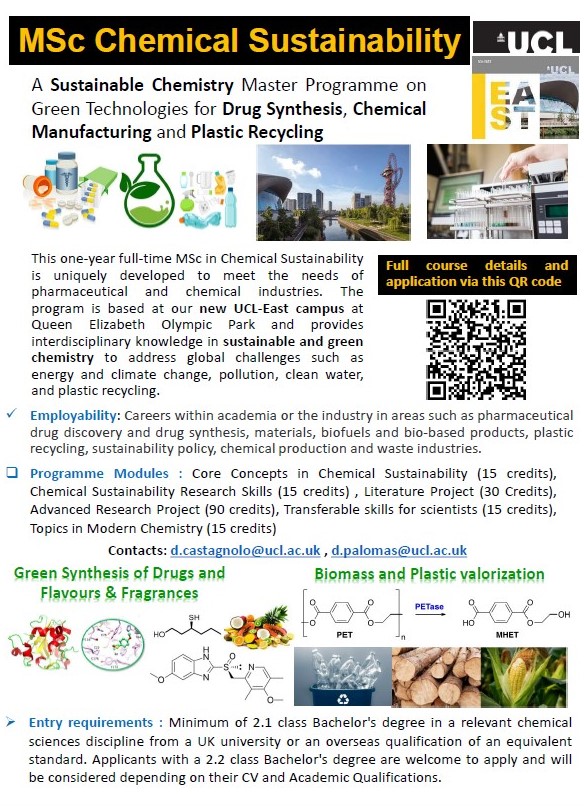 Applications are still open for our new MSc programme on #greenchemistry and #sustainablechemistry @UCLChemistry @UCLEast
 
The link to all the information and application instructions is here: shorturl.at/clxKV

OR via the QR code in the flyer below ⬇️⬇️⬇️