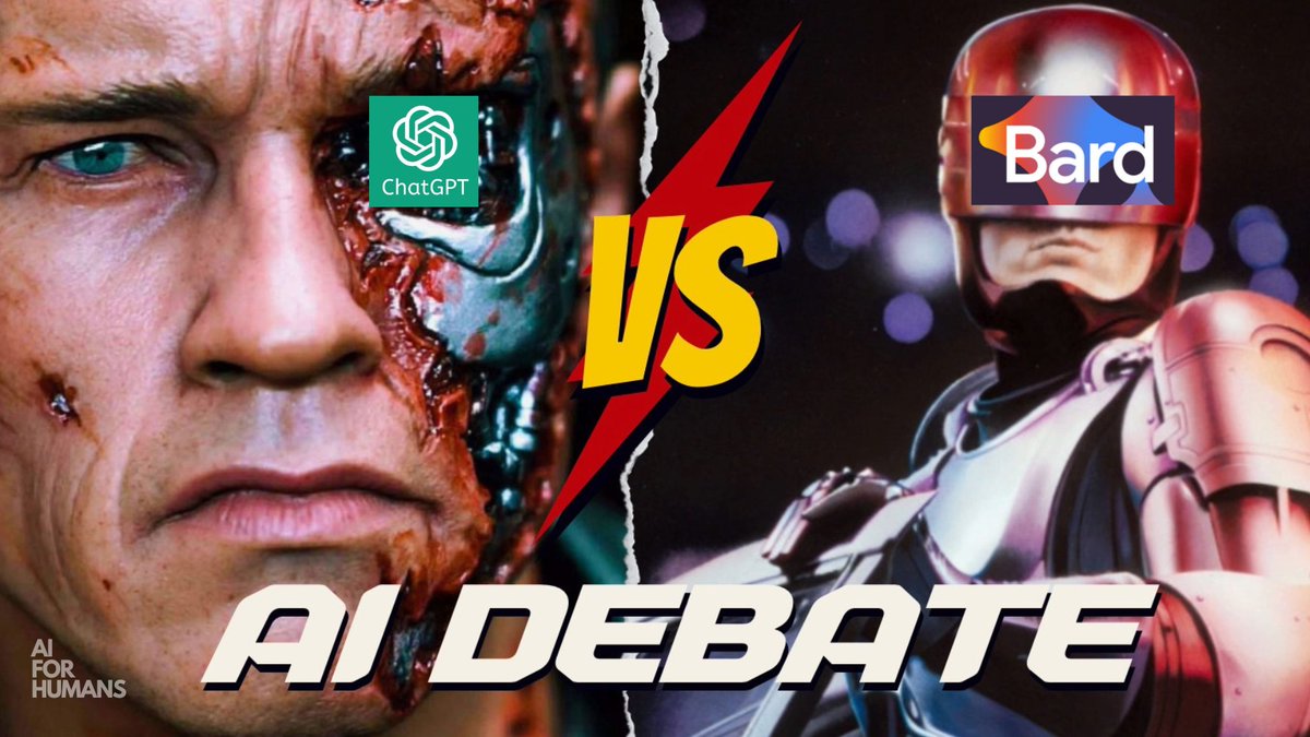 AIForHumansShow's tweet photo. 🚨 NEW EP ALERT 🚨

- @sama on Capitol Hill + GASH on AI criminals

- @Attack made up a game with MusicLM, @gavinpurcell fails miserably at it

-- it's BARD vs CHATGPT in a Robocop/Terminator debate THROW DOWN and it gets UGLY

Full ep here: https://t.co/3G8YHy7maz https://t.co/sZ3VSI89sC
