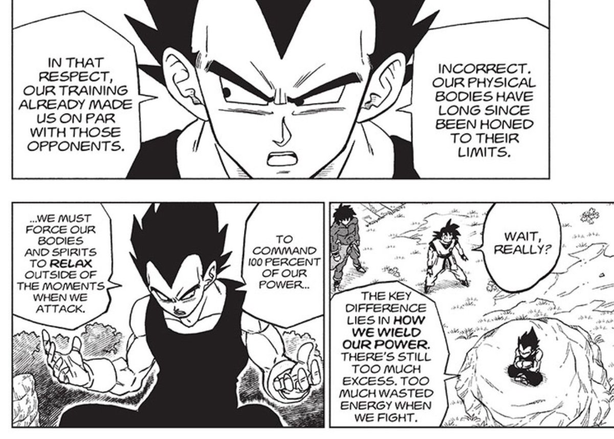 AnormalMino's tweet photo. In the movie, Vegeta talks about how Jiren wasn’t actually much stronger than them, but used his power more efficiently. In the manga, Vegeta talks more generally about how he and Goku are physically on par with all their recent foes, but need to use the… https://t.co/8lPk44S3zJ