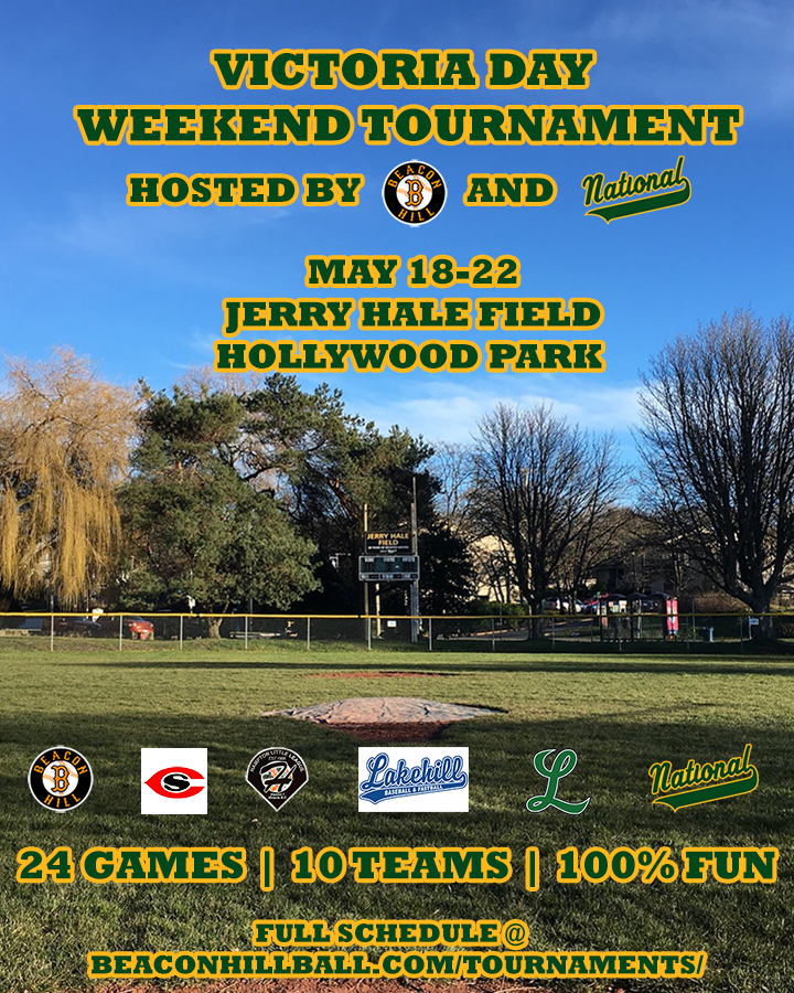 VicNationalLL's tweet photo. We are proud to be co-hosting the annual Victoria Day Weekend Tournament this long weekend with @BeaconHillBall!
Games will be played all weeekend at both Hollywood Park and Jerry Hale Field. Come down, grab a hot dog, and enjoy some great baseball! Go National! https://t.co/8T8EJObNgs