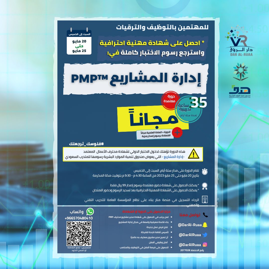 daralruaa's tweet photo. فرصة مجانية لجميع المهتمين بتطوير مهاراتهم وسيرهم الذاتية للوظائف! 🔆

🟢 موعدكم معنا يوم السبت بتاريخ 20 مايو لستة أيام في دورة إدارة إدارة المشاريع PMP المقدمة مجاناً من دار الرؤى.

سجل الآن بالرابط:
https://t.co/4D0GbbaBY9

📌شارك الدورة مع معارفك لتعم الفائدة!
#دورة_مجانية https://t.co/abeOTTBwcz