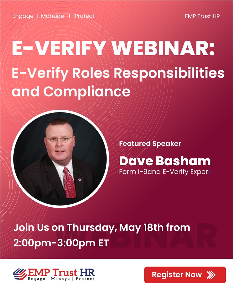 EMPTrust's tweet image. Join us today, 2:00 pm EST, for a holistic session that will educate you on everything you need to know about E-Verify.
 
Register now: hubs.ly/Q01Ql_CP0 

#webinar #EVerify #EMPTrustHRSolutions #livewebinar #onboardingexperience #compliance #hrcommunity