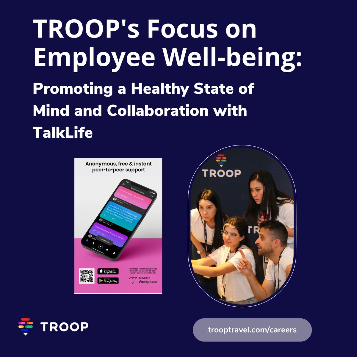 In an interview, TROOP redefines #MentalHealth as 'Healthy State of Mind.' Ubuntu, flexibility & feedback are core to their work culture, with sharing personal wellness tips in bi-weekly meetings! They're partnering with TalkLife to support employees. #workplacewellness