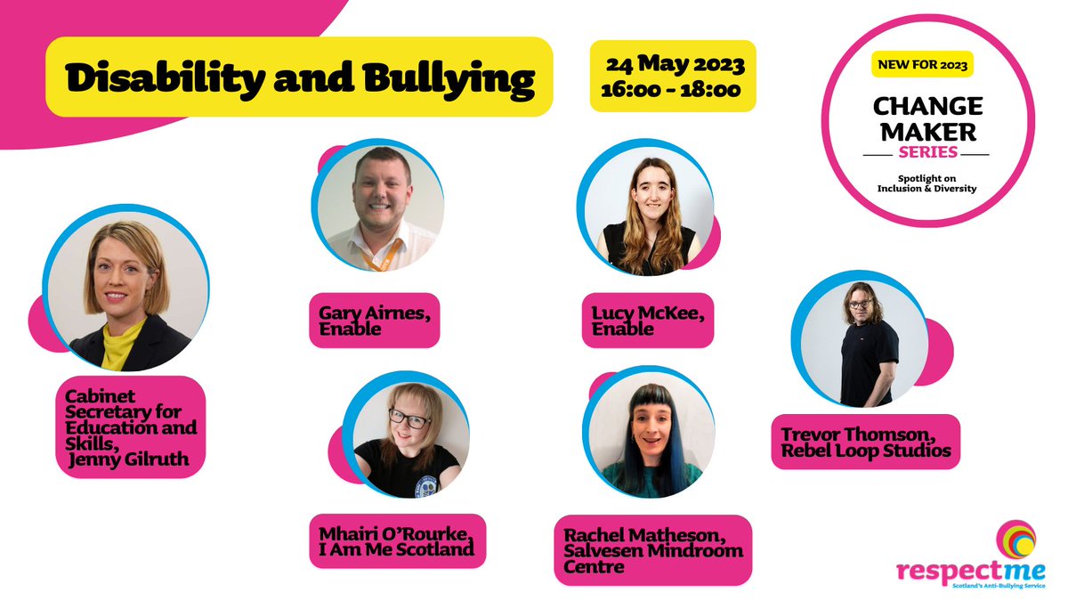 _respectme_'s tweet image. Our final #TeamChangeMaker webinar of 2023 is on 24 May!

Key speakers from @IammeScotland  @MindroomInform  @EnableScotland  @RebelLoopStudio will share how to create sustainable change when it comes to disability related bullying. 

Book today at: bit.ly/3MDFjJ4