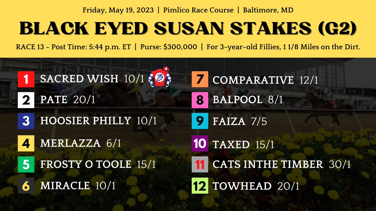 Tomorrow’s the day! #SACREDWISH & @ljlmvel go for the G2 Black Eyed Susan Stakes @PimlicoRC!! 

#BlackType #BlackEyedSusan #Preakness