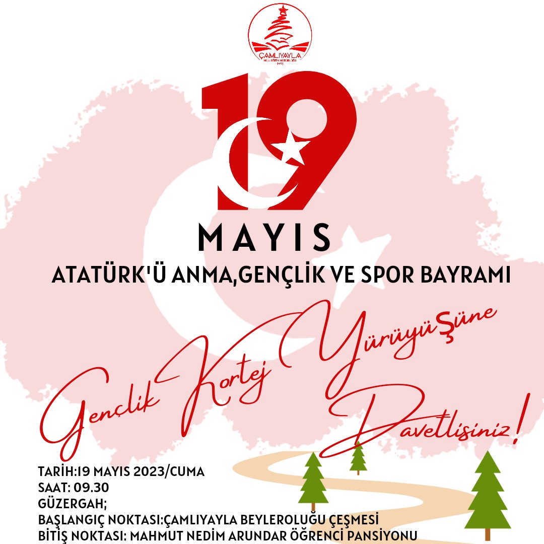 camliyaylamem's tweet photo. 19 Mayıs Atatürk'ü Anma,Gençlik ve Spor Bayramı kutlama programı etkinlikleri çerçevesinde düzenlediğimiz "Gençlik Kortej Yürüyüşü"ne DAVETLİSİNİZ! 🇹🇷
@tcmeb @Tc_Camliyayla  @MersinMEM @AdemKoca46 @zorlu_nurettin @kecpal https://t.co/mwrOgkRdCz