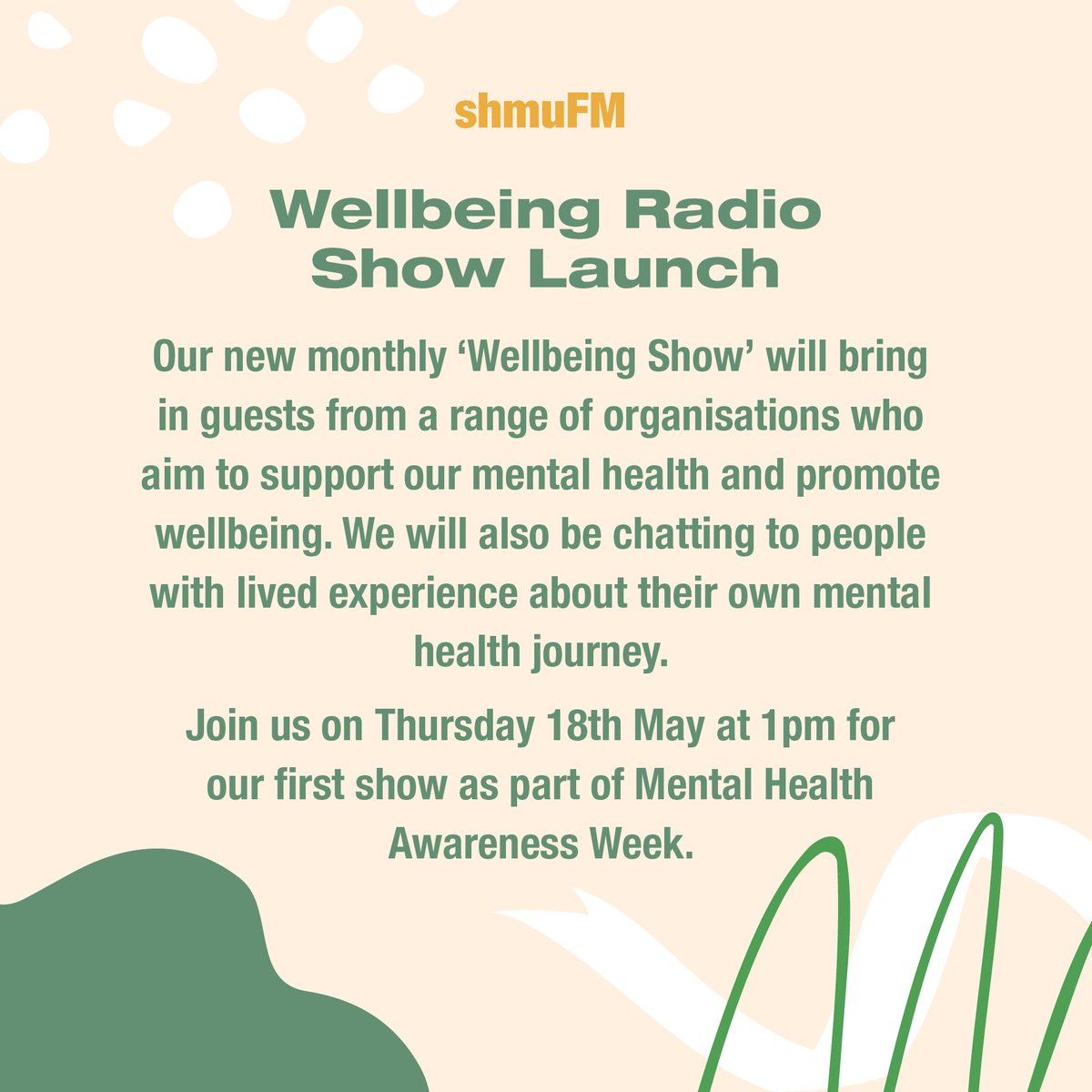 Today at 13:00pm tune in to the launch of our Wellbeing Radio show, only on 99.8FM or listen live here shmu.org.uk/fm/listen we will be talking to <a href="/GrampianYoga/">GrampianYoga</a>, Solstice Nurseries and hearing from Lawson about his own mental health journey <a href="/NHSGrampian/">NHS Grampian</a>  <a href="/AberdeenCC/">Aberdeen City Council</a>