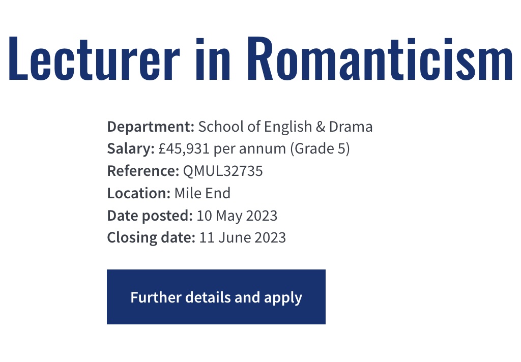 One-year Lecturer in Romanticism post at Queen Mary University of London. Come and join us! More info here: qmul.ac.uk/jobs/vacancies… . Applications close 11 June.