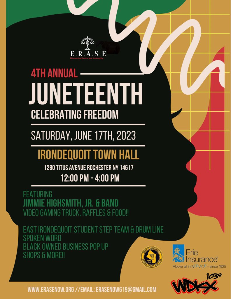 ERASENOW619's tweet photo. Can you believe we are less than one month away from our 4th annual Irondequoit Juneteenth celebration!?!?

Mark your calendars and join us Saturday June, 17th for a day of fun &amp; celebration in partnership w @irondequoit_ny! 🎉🎉🎉🎉 https://t.co/NxTycIrxu5