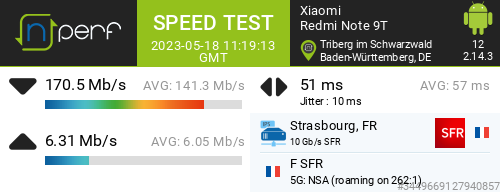 twitt_yann's tweet image. ↓170482 kb/s ↑6305 kb/s, ⇄ 51 ms / mobile: #SFR / #RedmiNote9T / #nPerf v2.14.3 /#5G