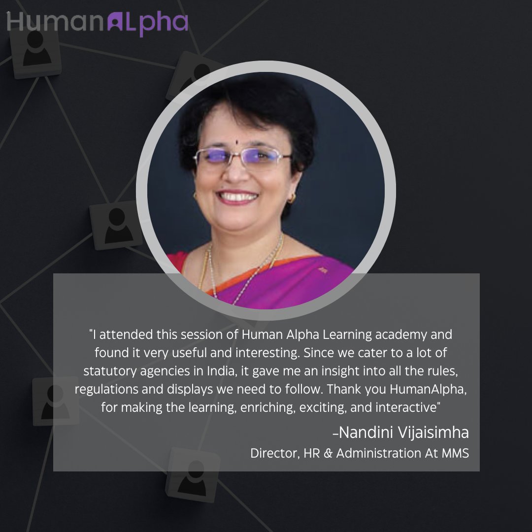 Nandini Vijaisimha, shares a glowing review of the '#StatutoryHRCompliance' #Certification from #HumanAlpha Learning Academy. Discover how our engaging and interactive sessions provide valuable insights into #StatutoryCompliance and #LabourLaws, empowering #HRProfessionals.