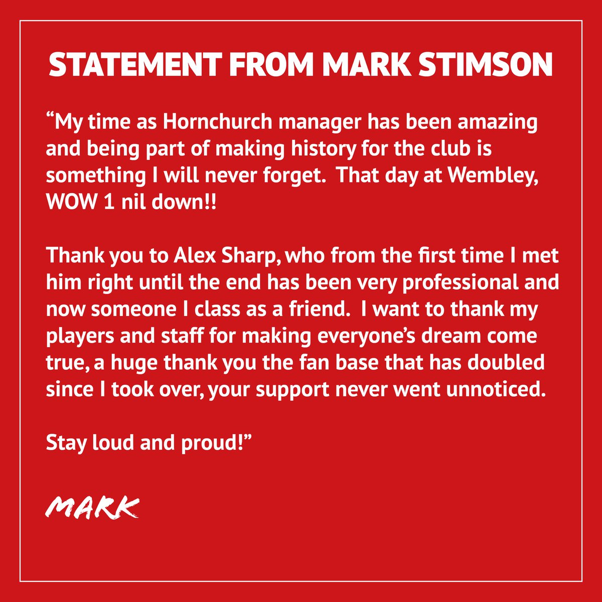 HornchurchFC's tweet photo. A statement from Mark Stimson https://t.co/QON6z82Ptc
