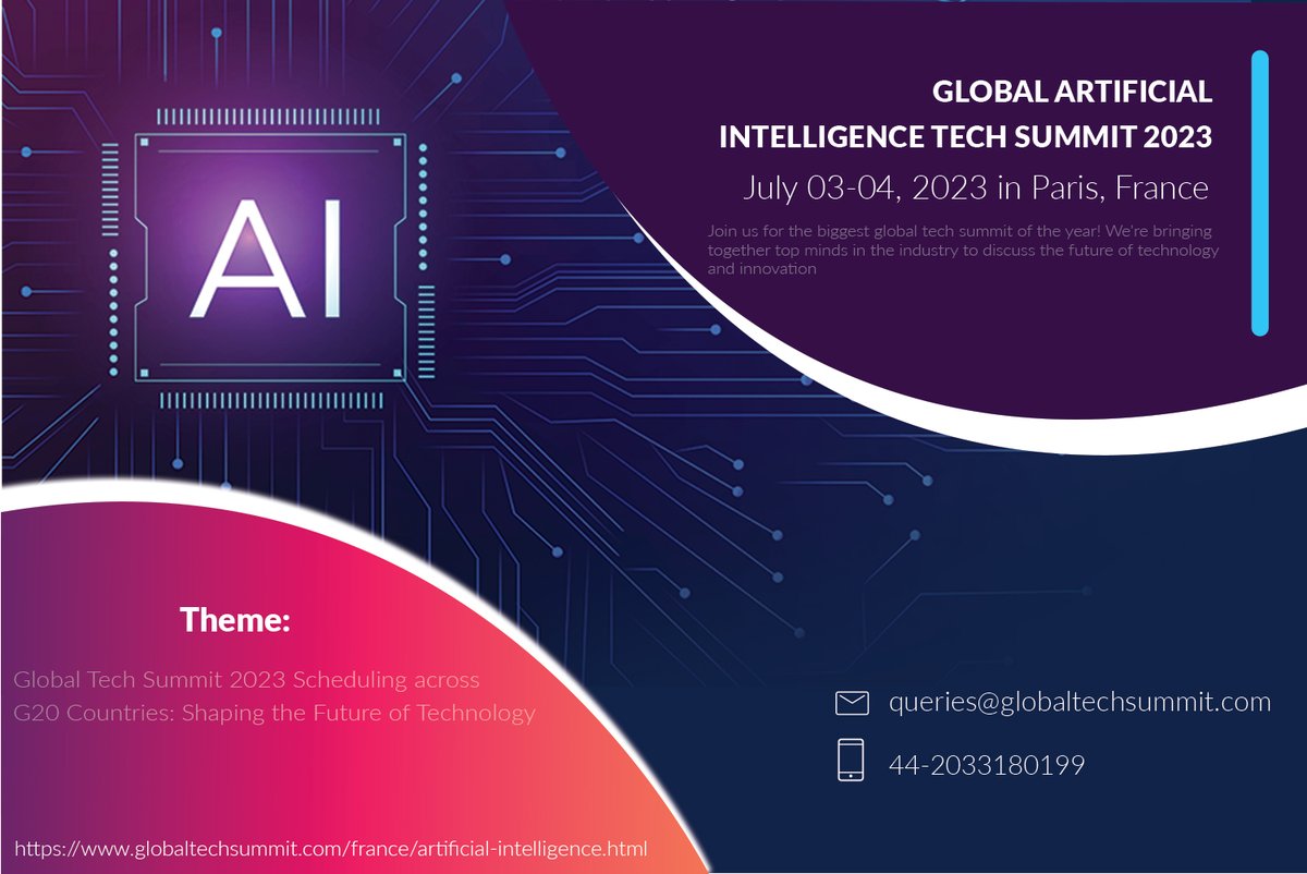 globaltech2023's tweet image. #Global_Tech_Summit_2023
Connect , learn , and engage with experts and one another from around the world. This right place I can assure you that will have a great experience and an extraordinary #knowledgeable_trip
July 03-04, 2023 | Paris, France
Website: globaltechsummit.com/france/artific…