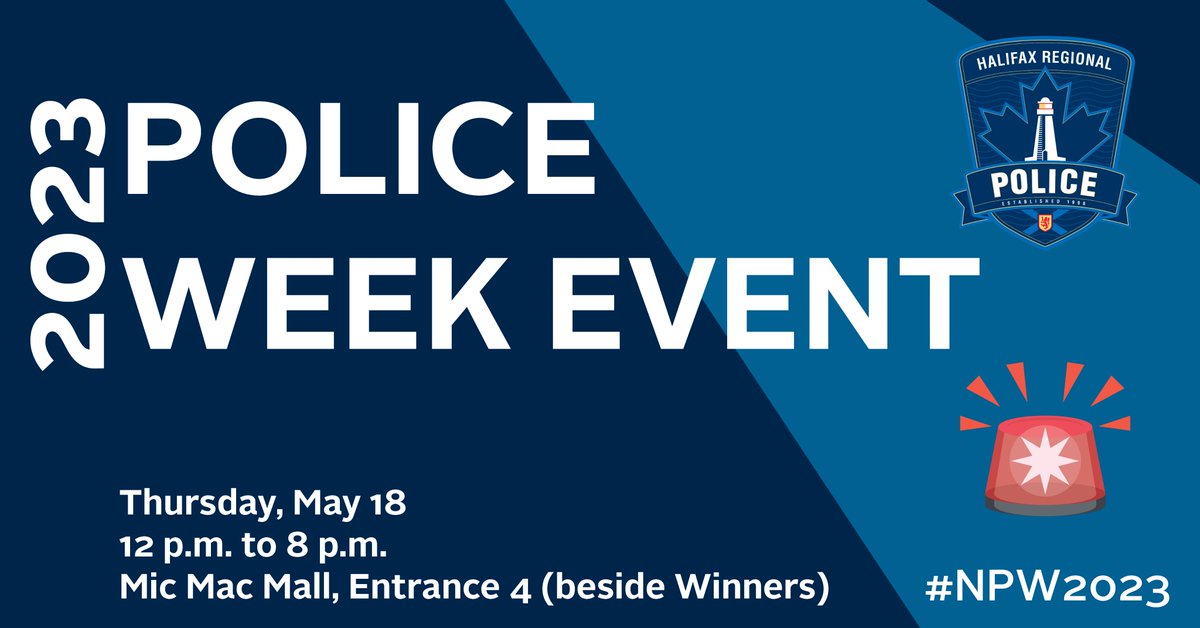 Halifax_Police (@hfxregpolice) on Twitter photo Join us today for a Police Week event at <a href="/micmacmall/">Mic Mac Mall</a> in Dartmouth. Meet our members and learn about some of our specialized services first-hand. Our members will be set up at Entrance 4 (next to Winners) from 12 p.m. to 8 p.m. #NPW2023 #NationalPoliceWeek2023 Join us today for a Police Week event at <a href="/micmacmall/">Mic Mac Mall</a> in Dartmouth. Meet our members and learn about some of our specialized services first-hand. Our members will be set up at Entrance 4 (next to Winners) from 12 p.m. to 8 p.m. #NPW2023 #NationalPoliceWeek2023