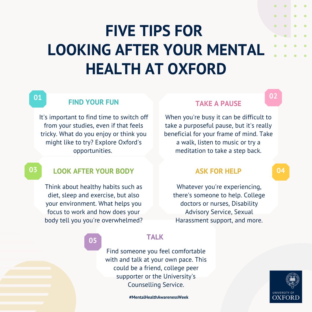 Mental health awareness is for every week, but this #MentalHealthAwarenessWeek is an opportunity for the University's Counselling Service to share some tips for looking after your mental health <a href="/UniofOxford/">University of Oxford</a> 💙 

Find more tips and support: ox.ac.uk/students/welfa…