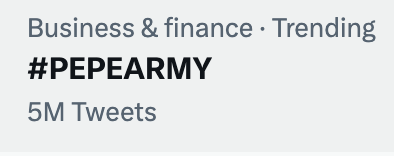 #PEPEARMY IS TRENDING HOT WITH 5M TWEETS TODAY 🔥🔥🔥🔥🔥🔥🔥🔥🔥🔥🔥🔥🔥🔥🔥🔥

$PEPE