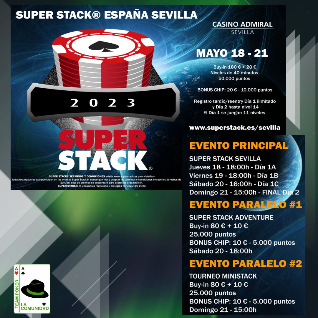 LaComunidad_poker (@lacomunidad_pkr) on Twitter photo El equipo de <a href="/SuperStackESP/">Super Stack® España</a> ya tiene todo listo en <a href="/CasinoAdmiralSV/">Casino Admiral Sevilla</a>
🗓️18 al 21 de Mayo
🤑Buy-in: 180 € + 20
⭕€ 50.000 puntos
💃🏻Te recordamos detalles y promo para socio aquí:
bit.ly/3nREkLE
#LaComunidadPoker #SUPERSTACK El equipo de <a href="/SuperStackESP/">Super Stack® España</a> ya tiene todo listo en <a href="/CasinoAdmiralSV/">Casino Admiral Sevilla</a>
🗓️18 al 21 de Mayo
🤑Buy-in: 180 € + 20
⭕€ 50.000 puntos
💃🏻Te recordamos detalles y promo para socio aquí:
bit.ly/3nREkLE
#LaComunidadPoker #SUPERSTACK