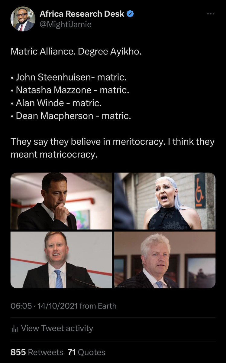 MightiJamie's tweet photo. These guys are not consistent. 

If it’s true that education matters, why do they not raise an alarm on John Steenhuisen the leader of the DA he is running to be president of a country with a R1.4 trillion budget. Why do they ignore the premier of the Western Cape is a matriculant? 

They only care now that it’s Kabelo Gwamanda an African! That reveals their ulterior motive. 

Education does matter in public administration. But don’t just criticize one person with the Matric Alliance is the official opposition party.