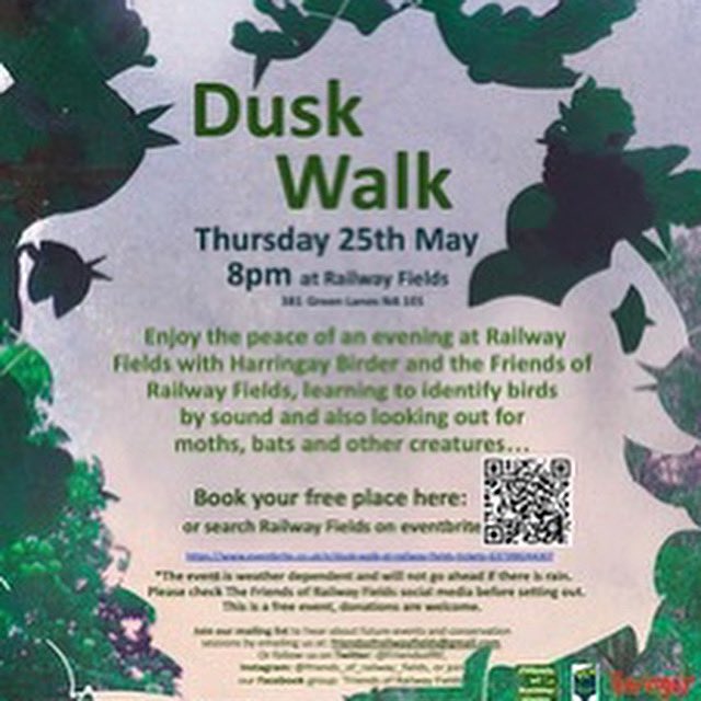 Enjoy the peace of a May evening with us. Our next Dusk Walk is on 25th May at 8pm in the company of @HarringayBirder and the Friends of Railway Fields. Book your free tickets on Eventbrite now eventbrite.co.uk/e/637398244307
