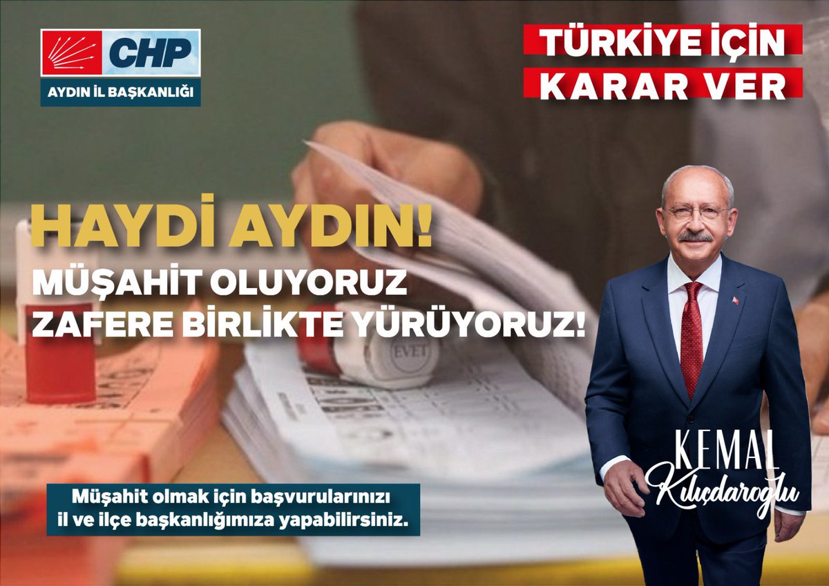 Türkiye için #KararVer, #Haydi Aydın.

Demokrasiye, adalete ve aydınlık yarınlara inanan kıymetli hemşerilerimiz;

Vakit birlikte olma vakti.

Vakit dayanışmayı ve umudu büyütme vakti.

Gelin Omuz Omuza verelim geleceğimizi hep birlikte inşa edelim. 🌸