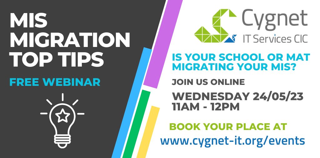 cygnetcic's tweet photo. Have you booked your FREE place on our MIS Migration Top Tips webinar, taking place today at 11am? It's not too late! To book, visit: https://t.co/xqoGypCyzy #schools #MISSupport #education #webinar https://t.co/6VyjW0p9rf
