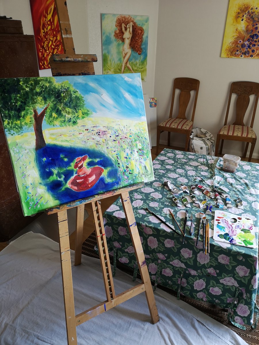 CarlaGrace91's tweet photo. "Summer breeze" (54x65) New oil painting I finished today. You can almost feel the gentle summer breeze &amp; see those pretty flowers in the field kissed by sunshine 🌺🥰 #art #painting https://t.co/ylFZ3ybAUj
