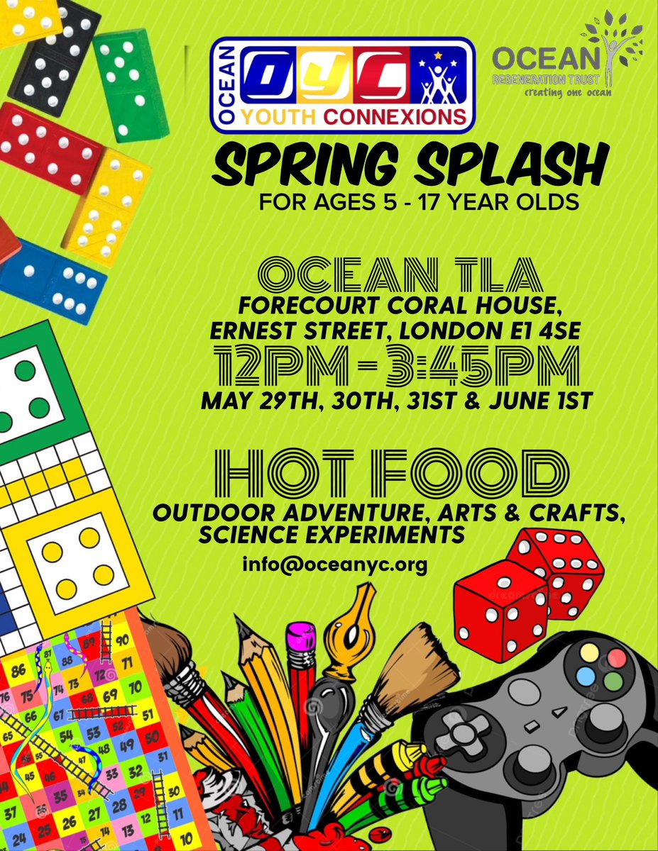 May Spring Splash!!! Games, Fun activities, outings and arts and craft, join us this May half term in the Ocean Estates @OceanRegenTrust @THHCommunity @LocalVillageNet @TowerHamletsNow @TrappedZoneOne @THH_ASBTEAM @