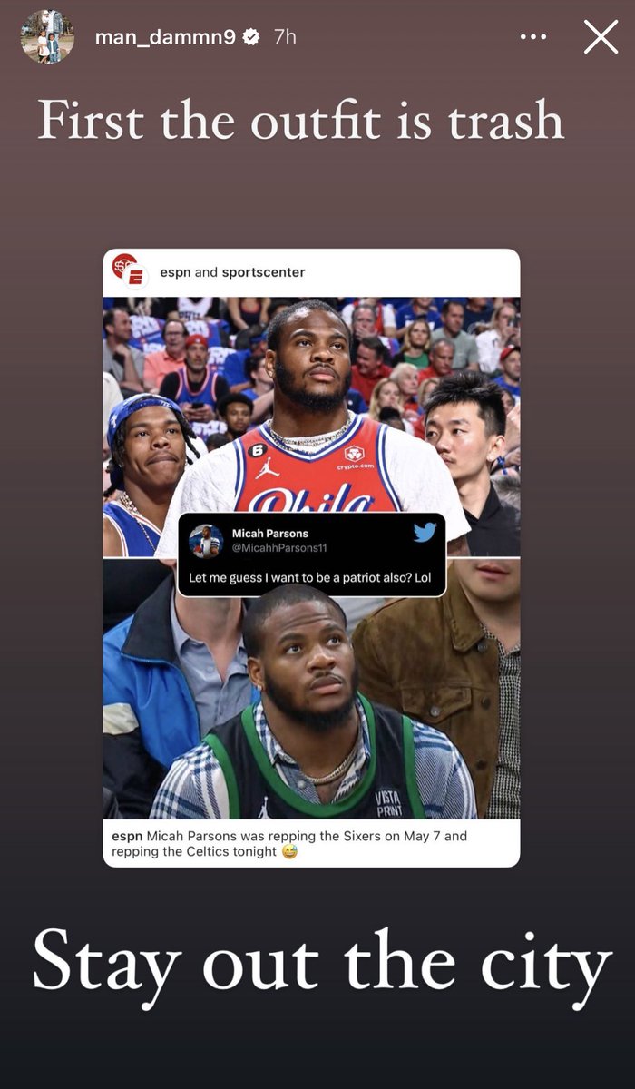 #Patriots LB Matthew Judon with some choice words for Micah Parsons being at the #Celtics game last night. 

“Stay out the city”

(IG: man_dammn9)