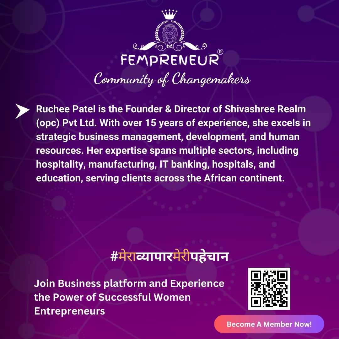 We are delighted to welcome our New Member Ruchee Patel, Founder & Director, Shivashree Realm (opc) Pvt Ltd 

Become A Member Now: bit.ly/402MNbP

#fempreneurcommunity #community #1MillionMission #Networking #growing #growbusiness #WomenInBusiness #entrepreneurs